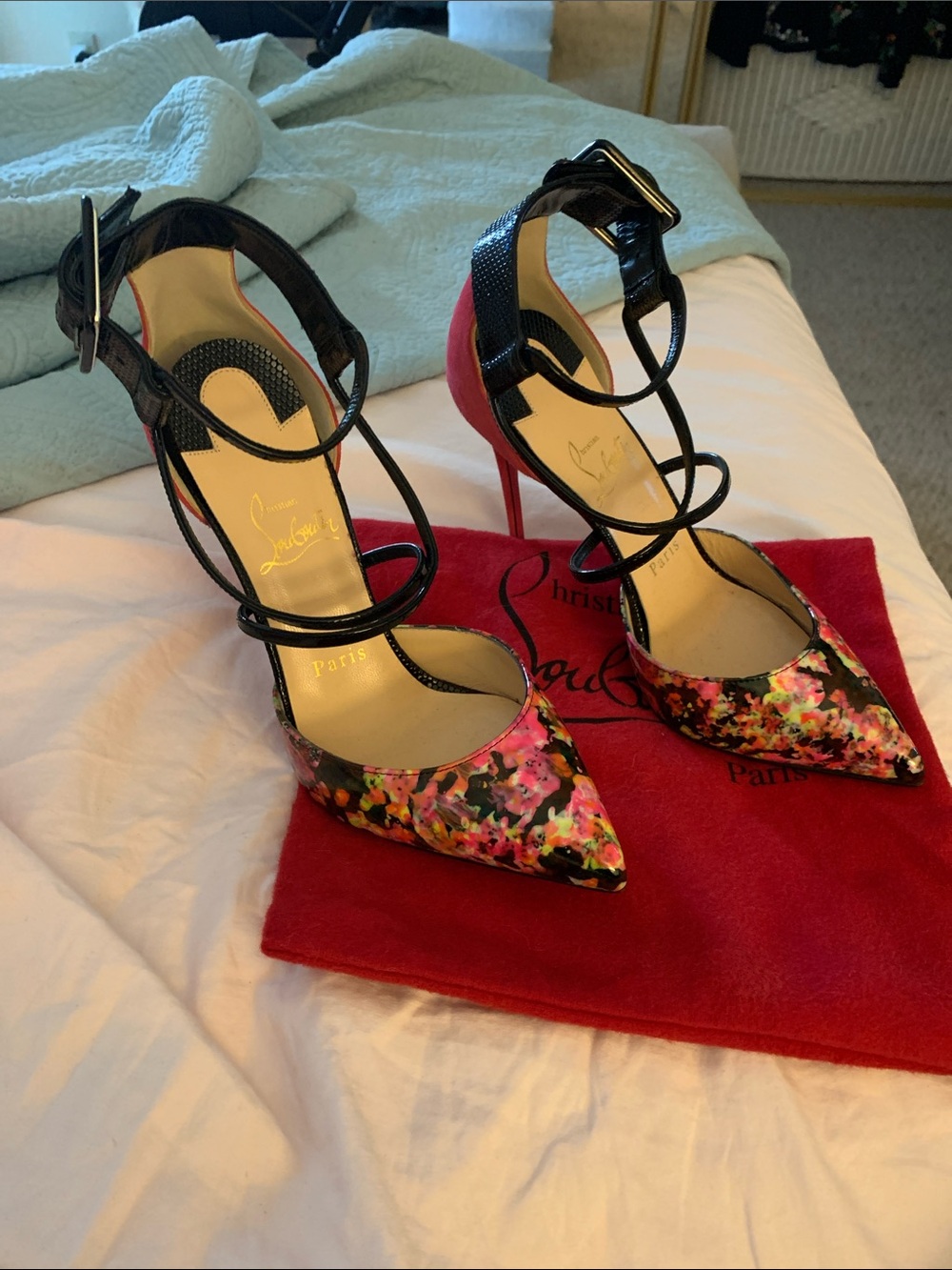 Christian Louboutin Floral Pointed-Toe Strappy Pumps in Multicolor and Black